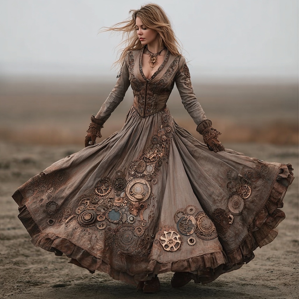 Vintage Steampunk Clock & Gear Inspired Flowy Linen Maxi Dress