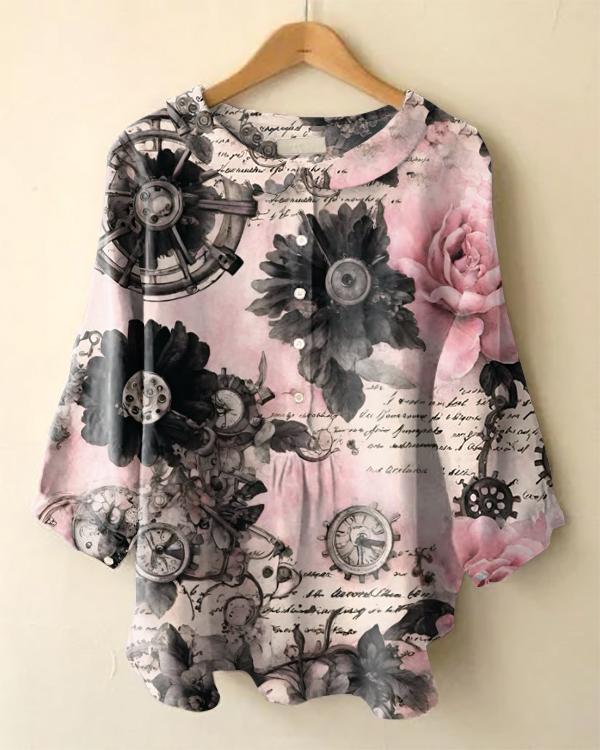 Vintage Floral Print Long Sleeve Peter Pan Collar Shirt