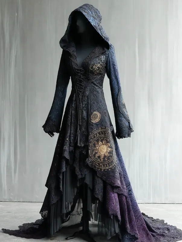 Boho Witch Gradient Magic Circle Embroidered Hooded Evening Dress ebaa