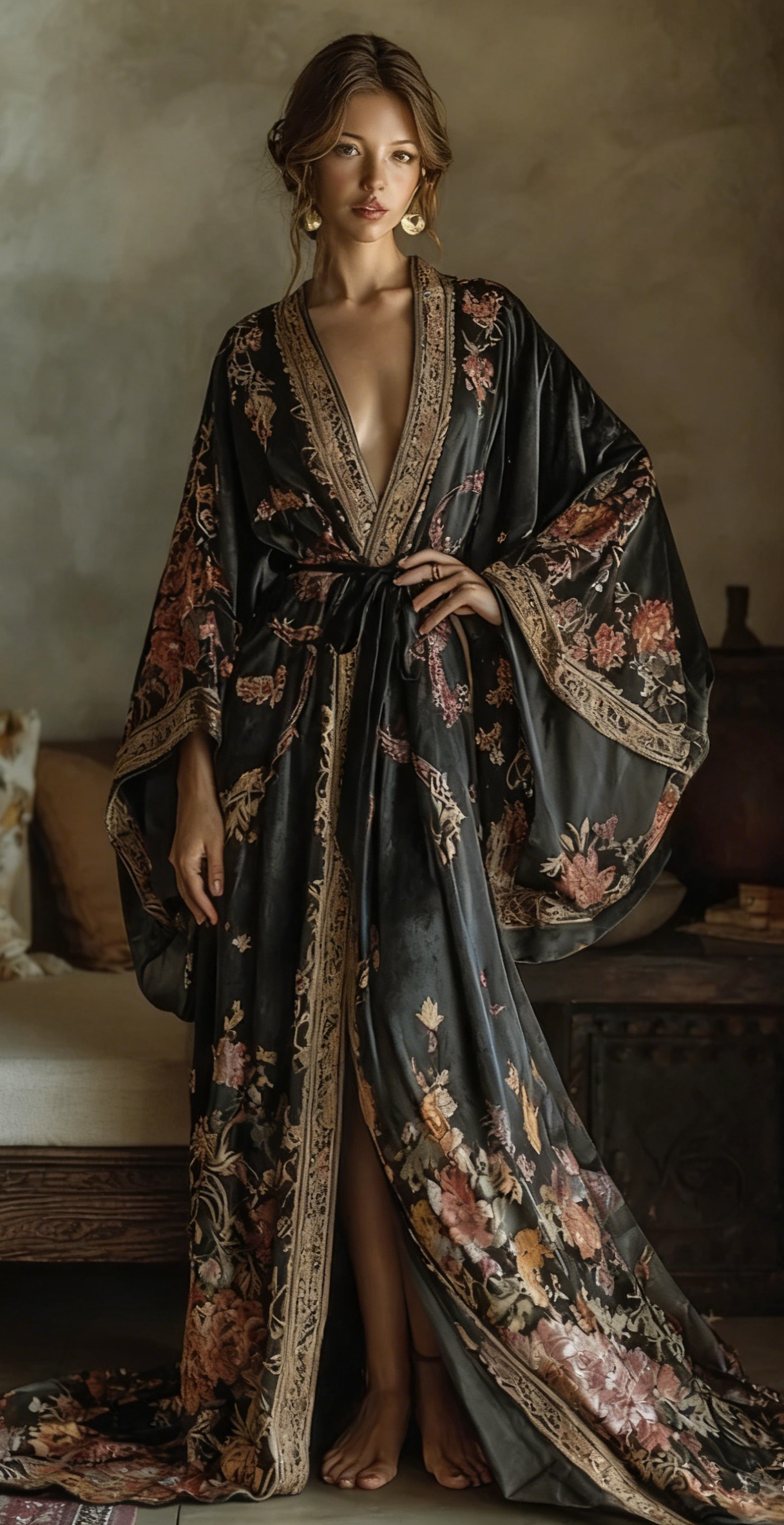Elegant autumn/winter vintage floral style velvet robe (with belt)
