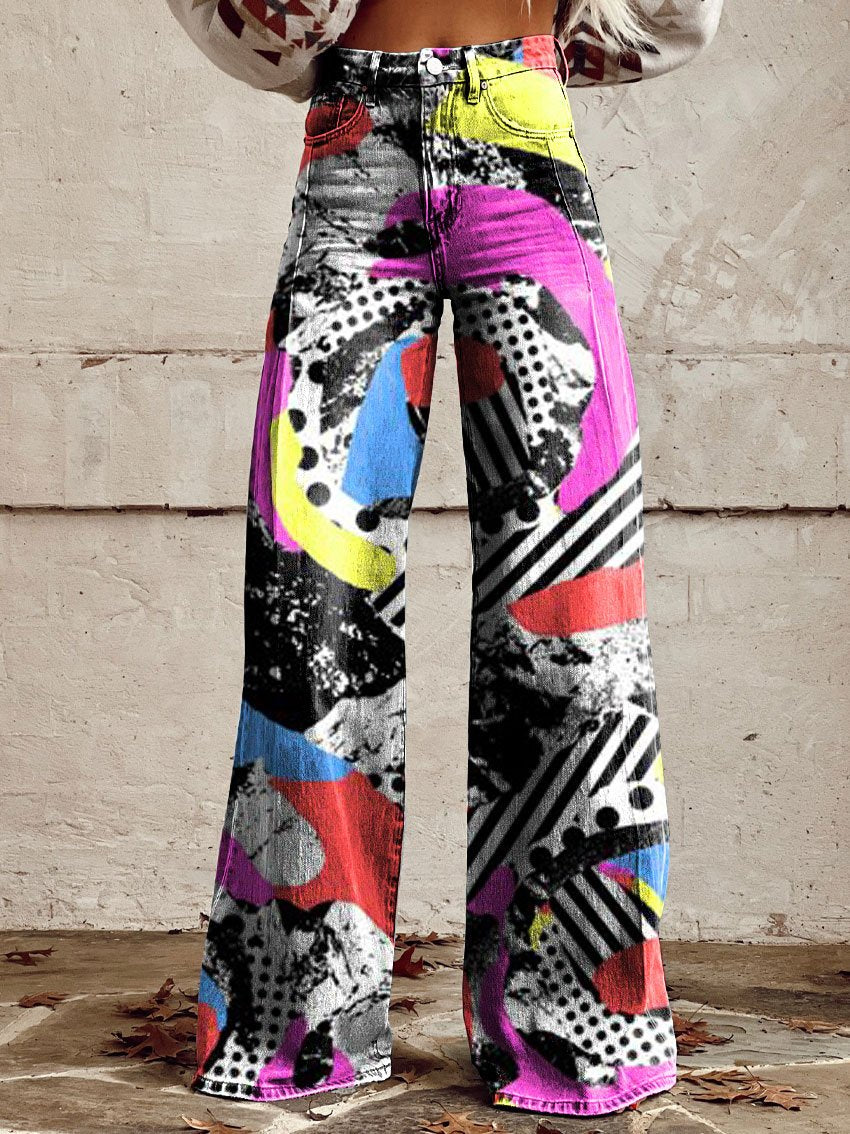 Vintage Print Casual Wide-Leg Pants