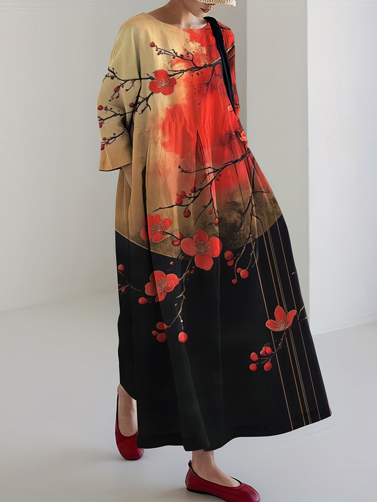 Japanese Cherry Blossom Print Midi Dress
