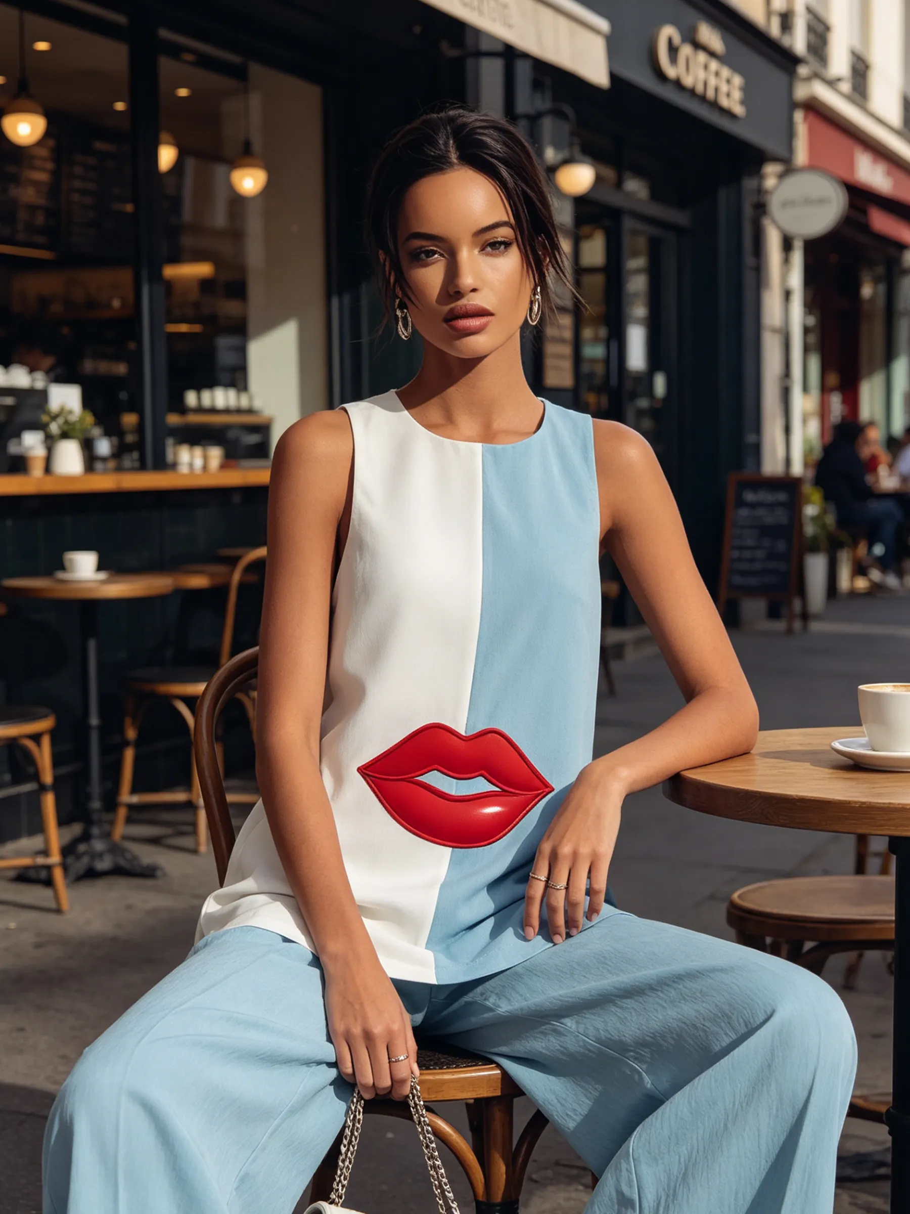 Two-Tone Lip Print Sleeveless Tunic & Wide-Leg Pants Set