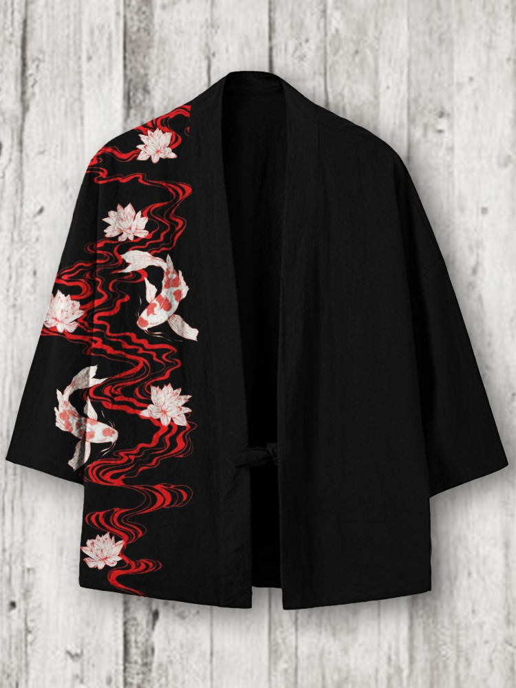 Carp Fish& Lotus Waves Japanese Linen Blend Kimono Cardigan