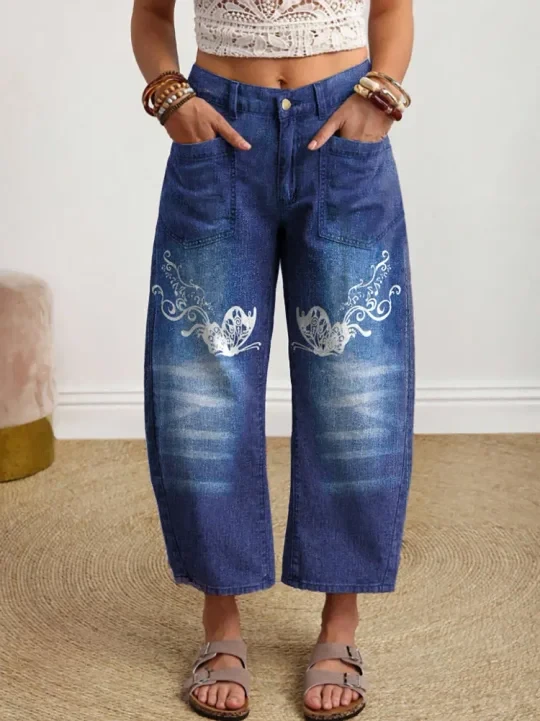 Vintage-style Textured Floral Art Print Casual Cotton Trousers With Pockets