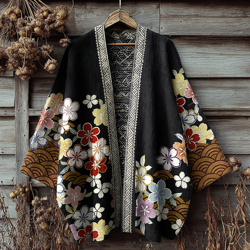 Retro Japanese Floral Art Print Cotton & Linen Blend Kimono Cardigan
