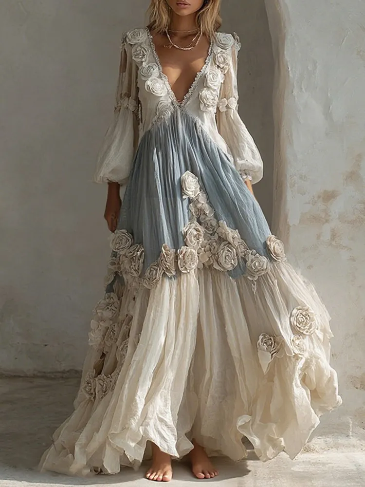 Women's Vintage White Rose Pattern Linen Long Sleeve Dress