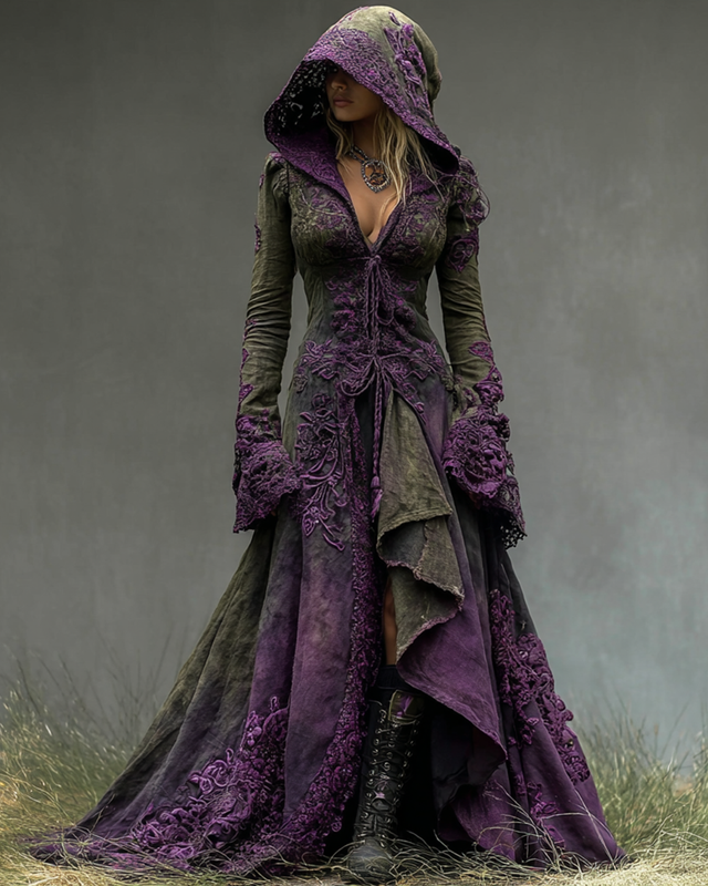 Bohemian style gradient lace patchwork ruffled hooded Evening Dress 7acc