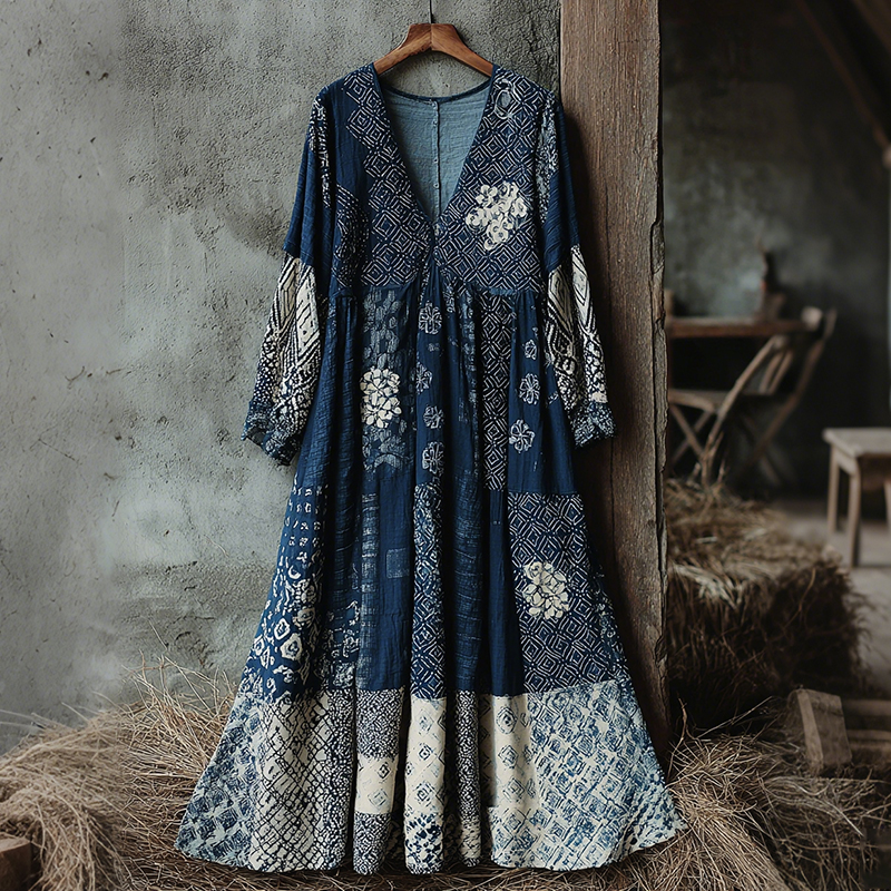 Traditional Japanese Sashiko Art V-neck Dress