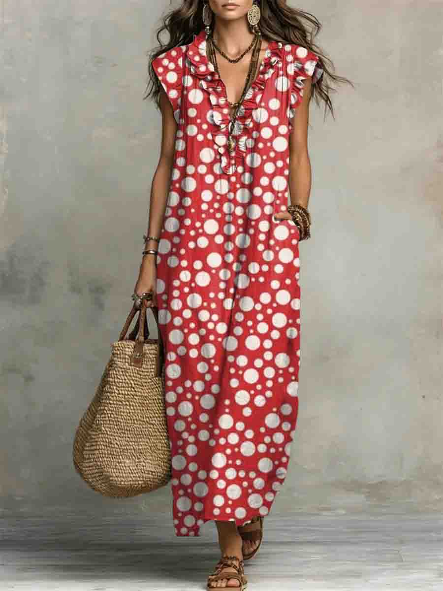 Polka Dot Print V-Neck Ruffle-Trim Maxi Dress