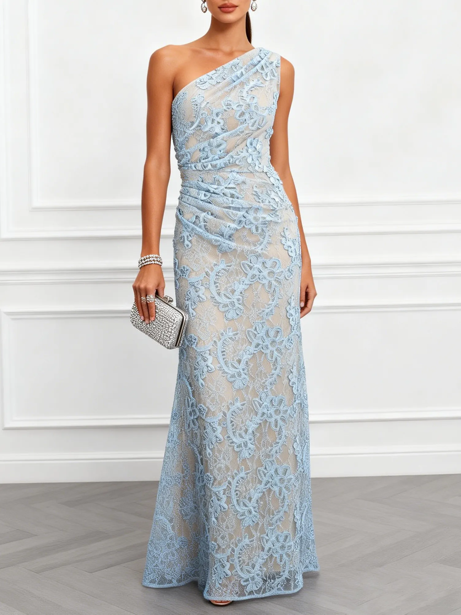 Light Blue Lace Jacquard One-Shoulder Sleeveless Mermaid Floor-length Gown