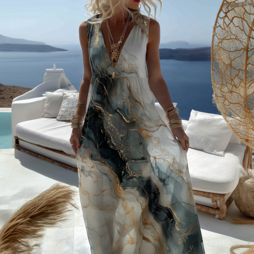 Vintage Marble Texture Collection Retro Bohemia Women Style Gradient Gilded Pattern Maxi Dress