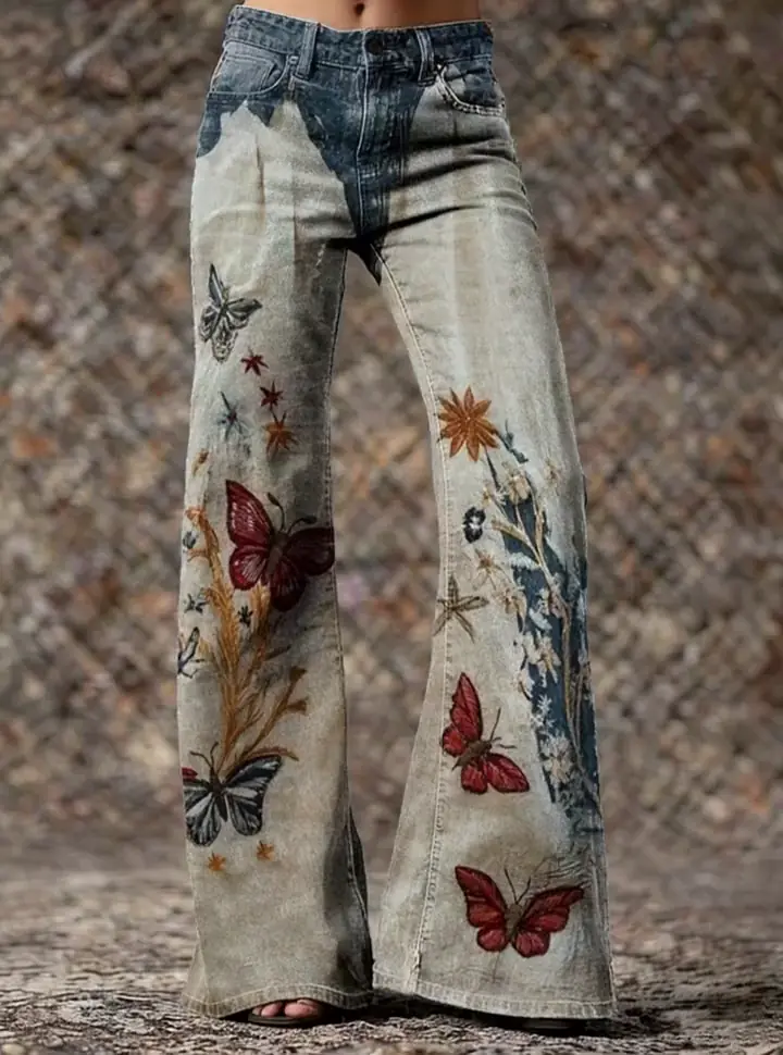 Retro Butterfly & Floral Art Print Casual Washed Cotton Pants