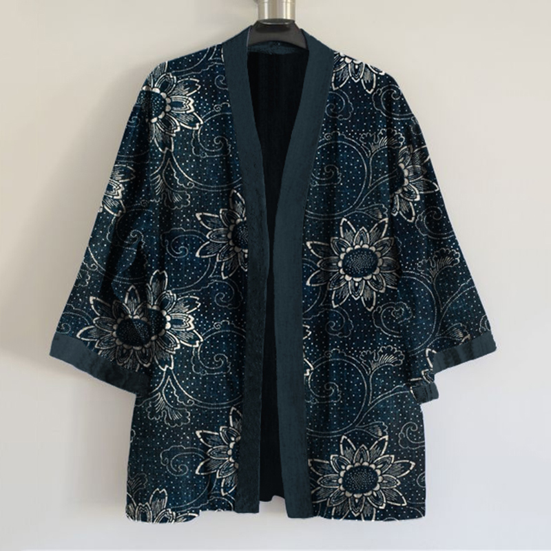 Japanese Traditional Sashiko Floral Art Print Blend Kimono Cardigan