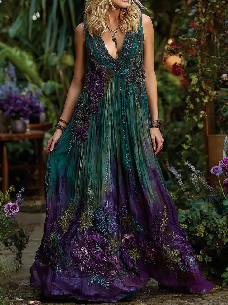 Women's Vintage Floral Embroidered Sleeveless Dress
