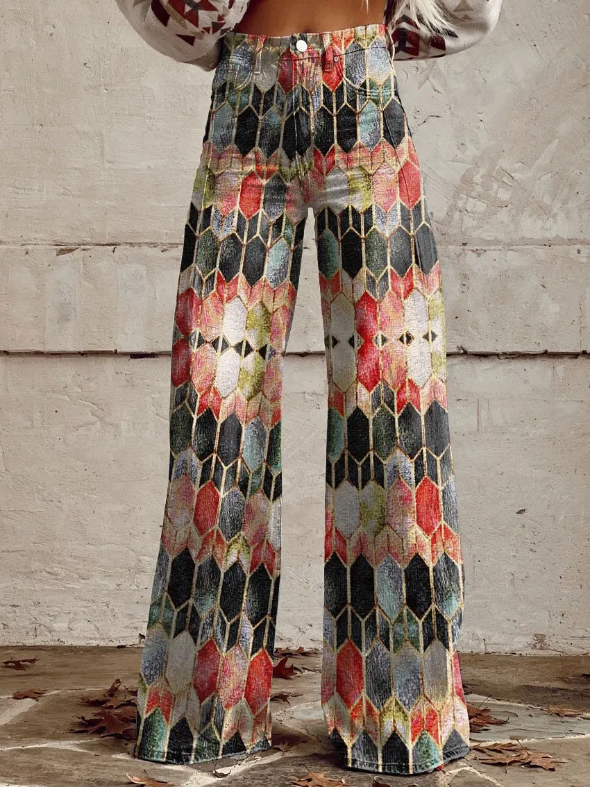 Vintage Geometric Pattern Print Casual Wide-Leg Pants