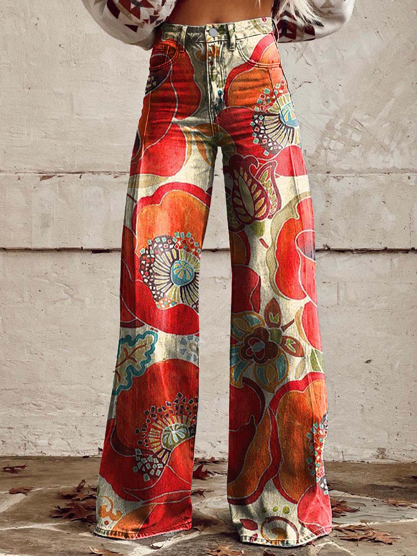 Poppy Print Casual Wide-Leg Pants