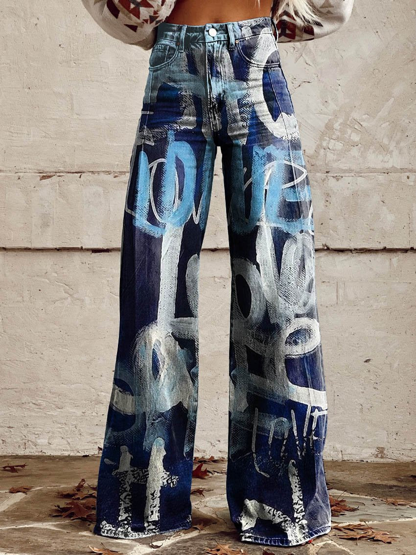 Blue & White Love Print Casual Wide-Leg Pants