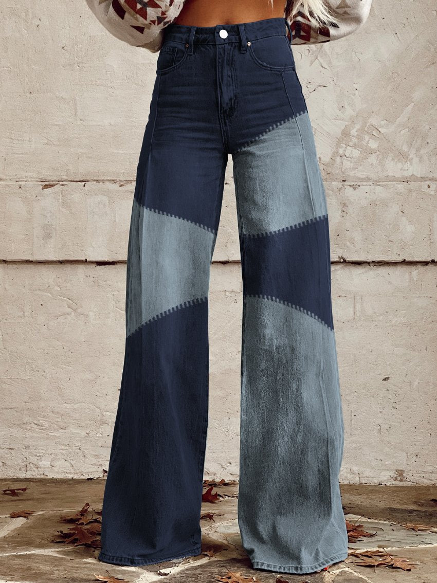 Retro Denim Pattern Zipper Stitching Dark Blue Light Blue Mixed Color Print Casual Wide-Leg Pants