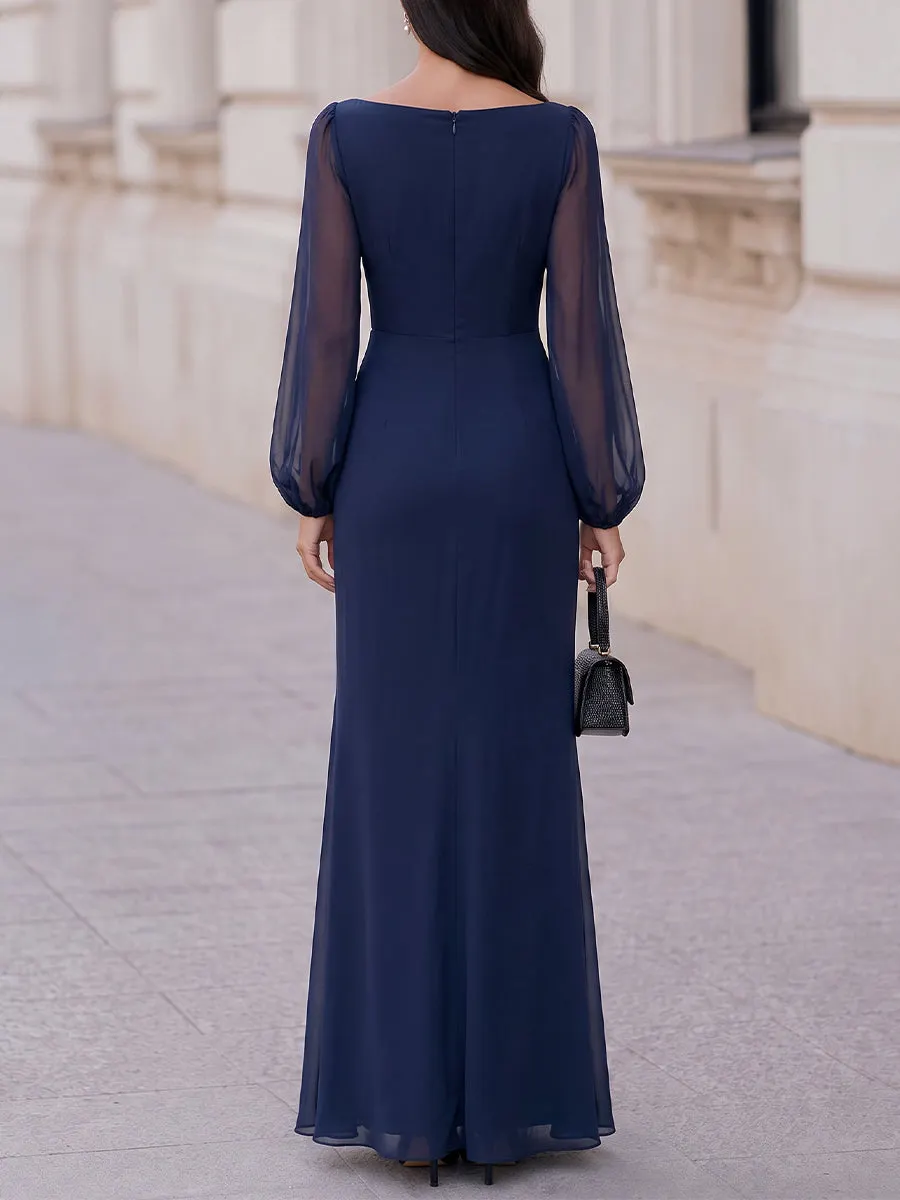 Navy Blue Boat Neck Long-Sleeve Ruched Chiffon Maxi Dress
