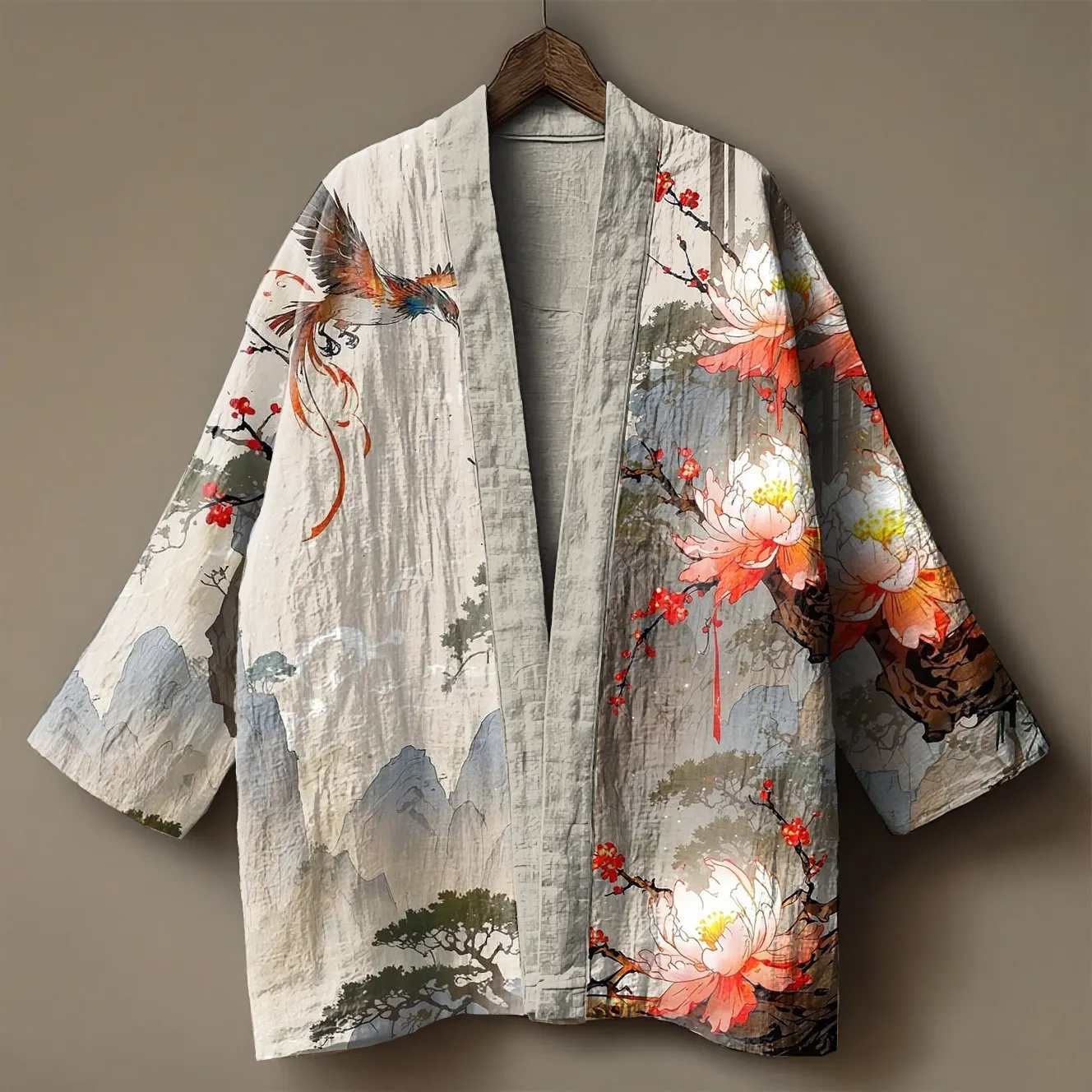 Japanese Octopus Embroidered Printed Linen Cardigan Kimono