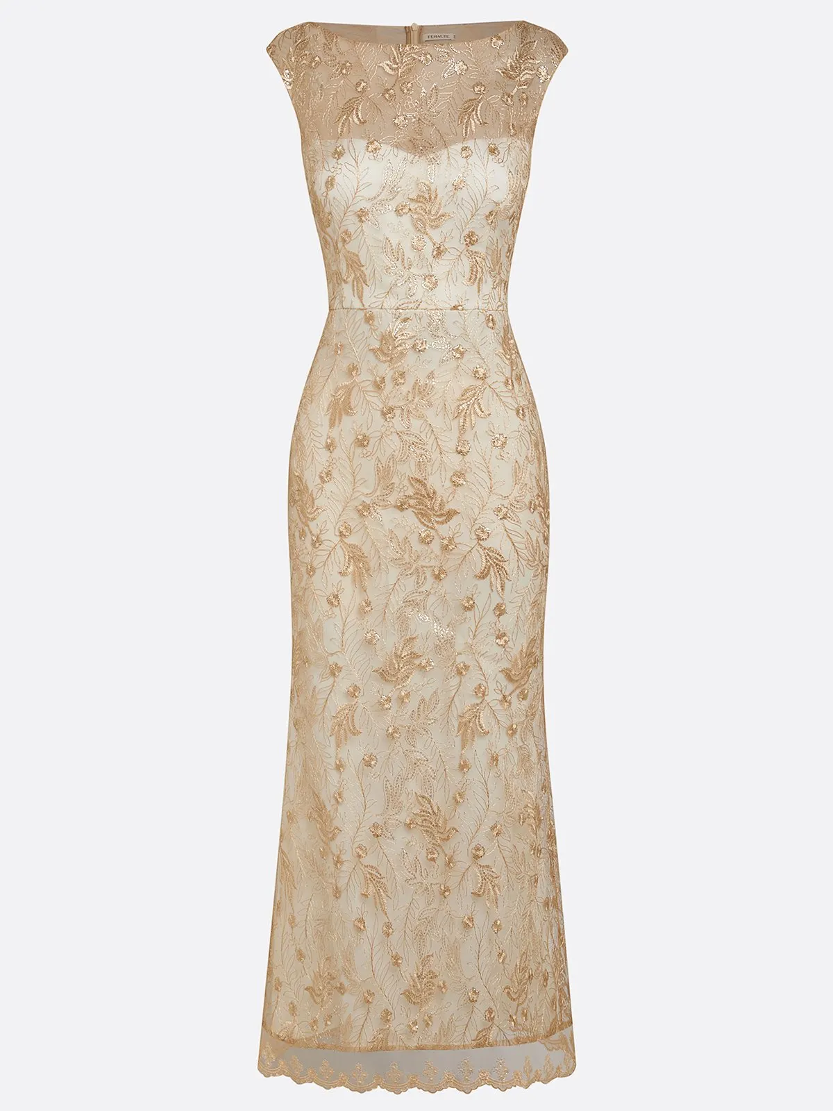 Champagne Lace Boat Neck Sleeveless Sheath Maxi Dress