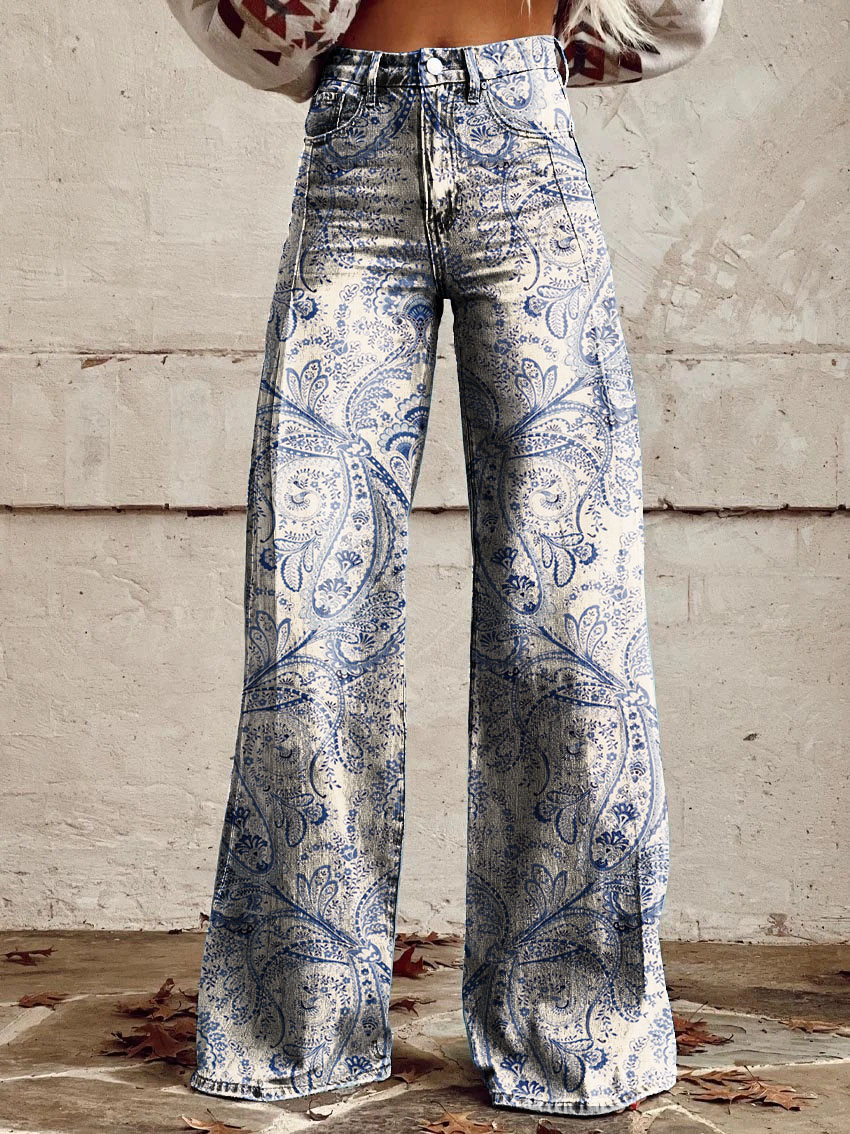 Vintage Paisley Print Casual Wide-Leg Pants