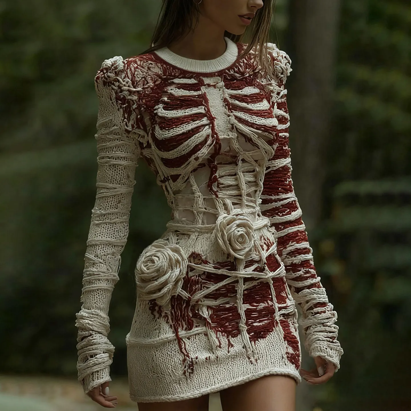 Women's Halloween Halloween Skeleton Bones Bandage With Rose Art Cozy Knit Mini Sweater Dress