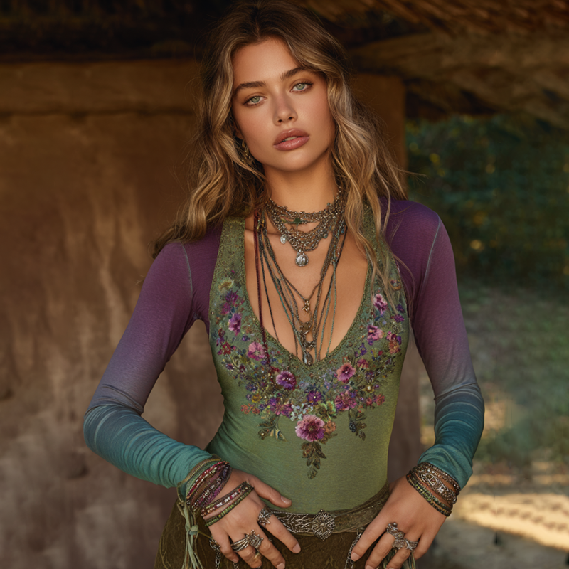 Vintage Western Boho Collection Purple Floral Embroidered Linen Long-Sleeve T-shirt