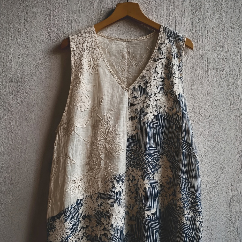 Japanese Floral Patchwork Lace Linen Tank Top