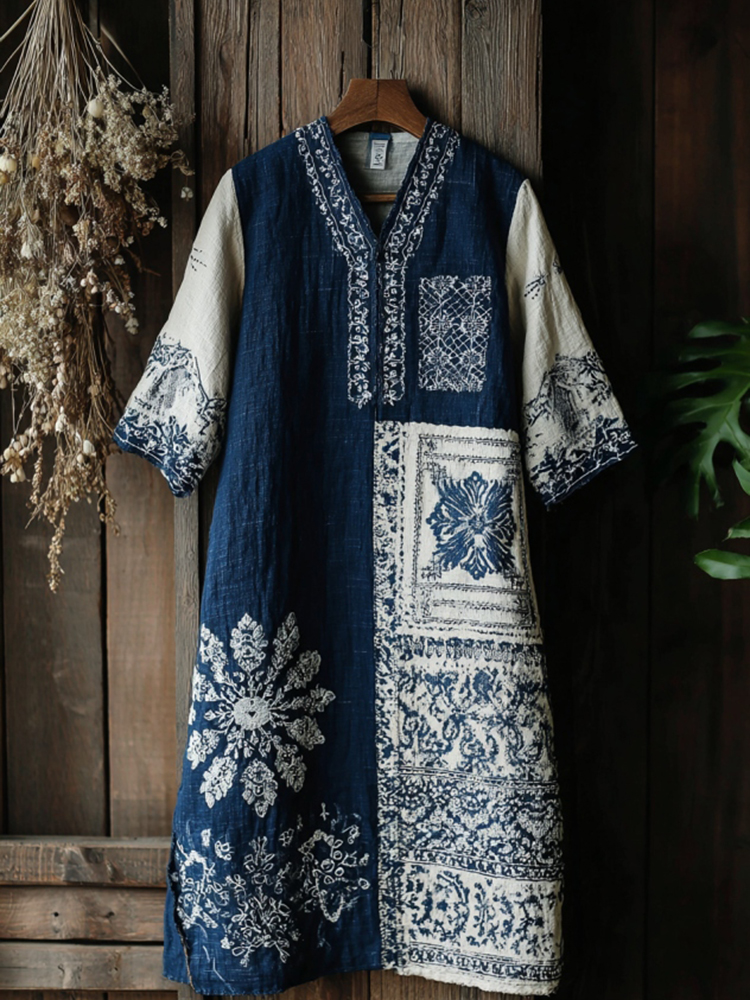 Japanese Art Patchwork Print Midi Dress