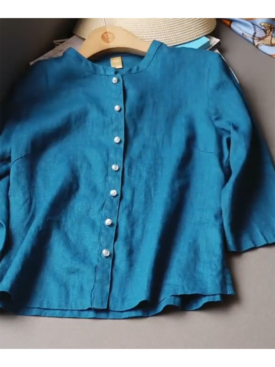 Tencel Linen Stand Collar Pearl Button Shirt