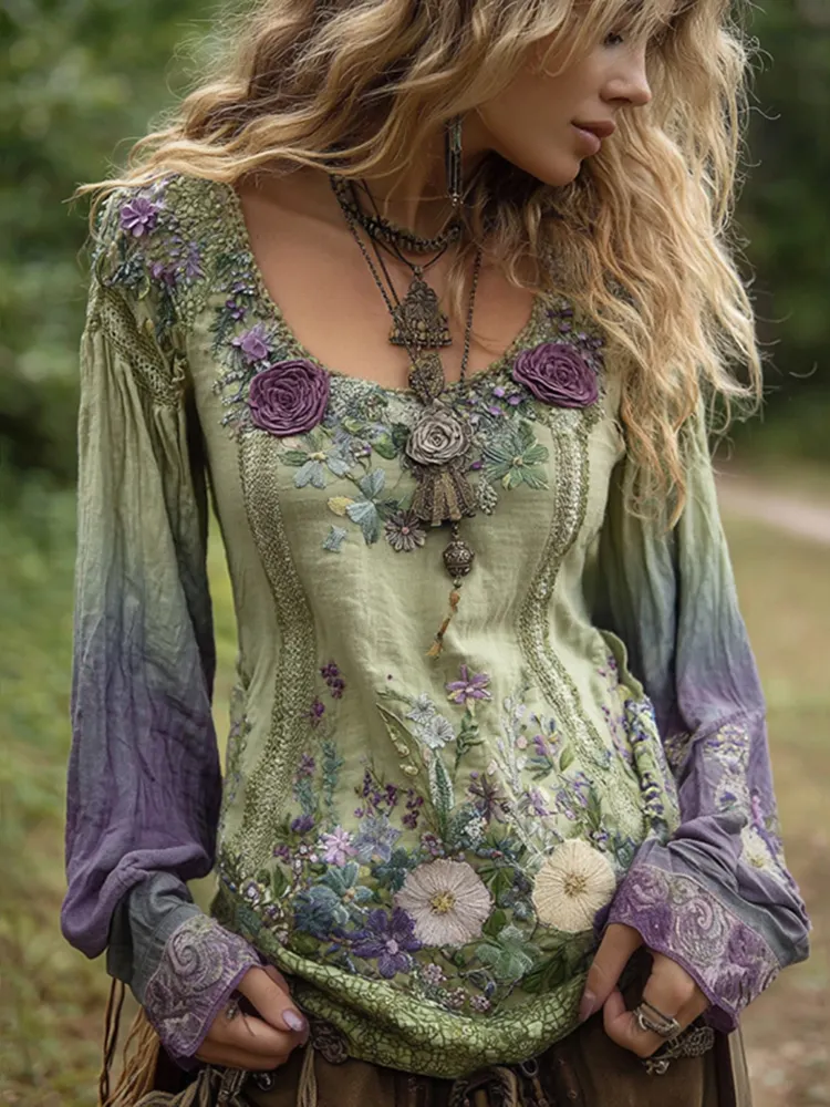 Classy Gradient Purple Lavender And Floral Embroidered Long Sleeve Shirt