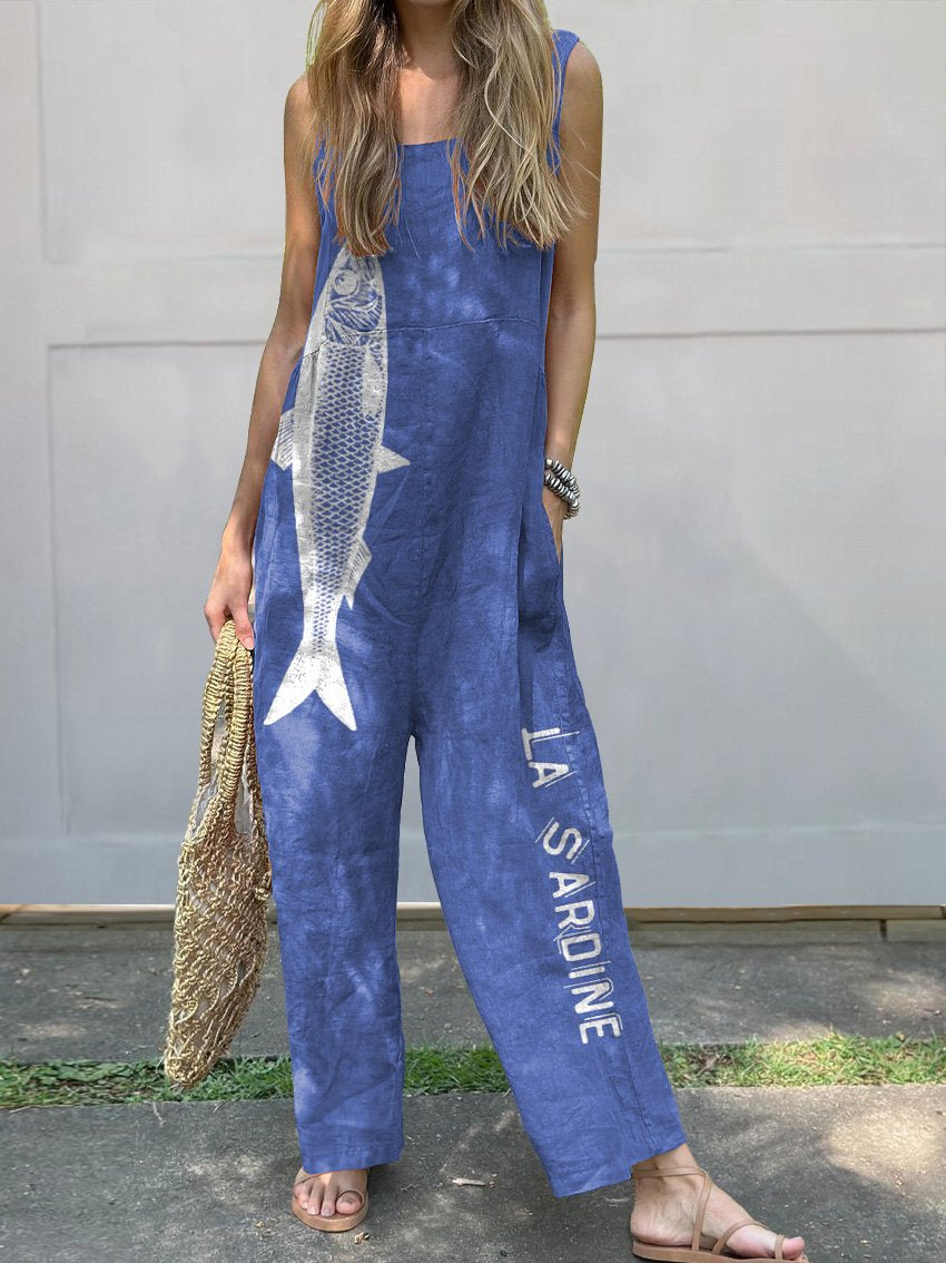Sardine Fish Graphic Printed Women's Casual Wide-Leg Jumpsuit