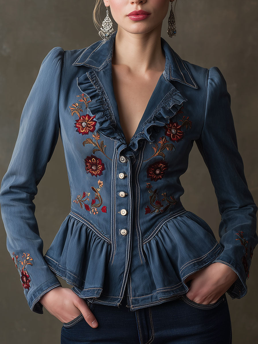 Fashionable Retro Floral Embroidered Ruffled Blue Denim Blazer