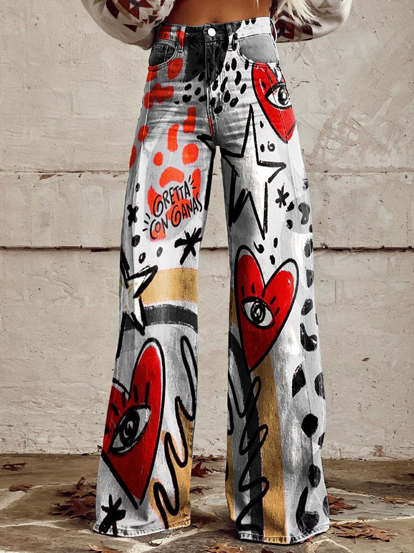 Vintage Print Casual Wide-Leg Pants