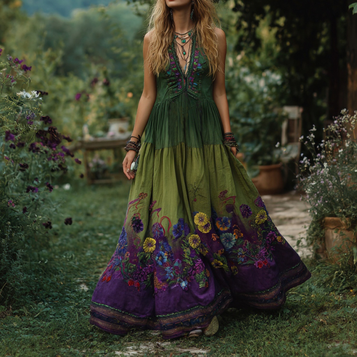 Vintage Purple Flowers Embroidered Gradient Maxi Dress