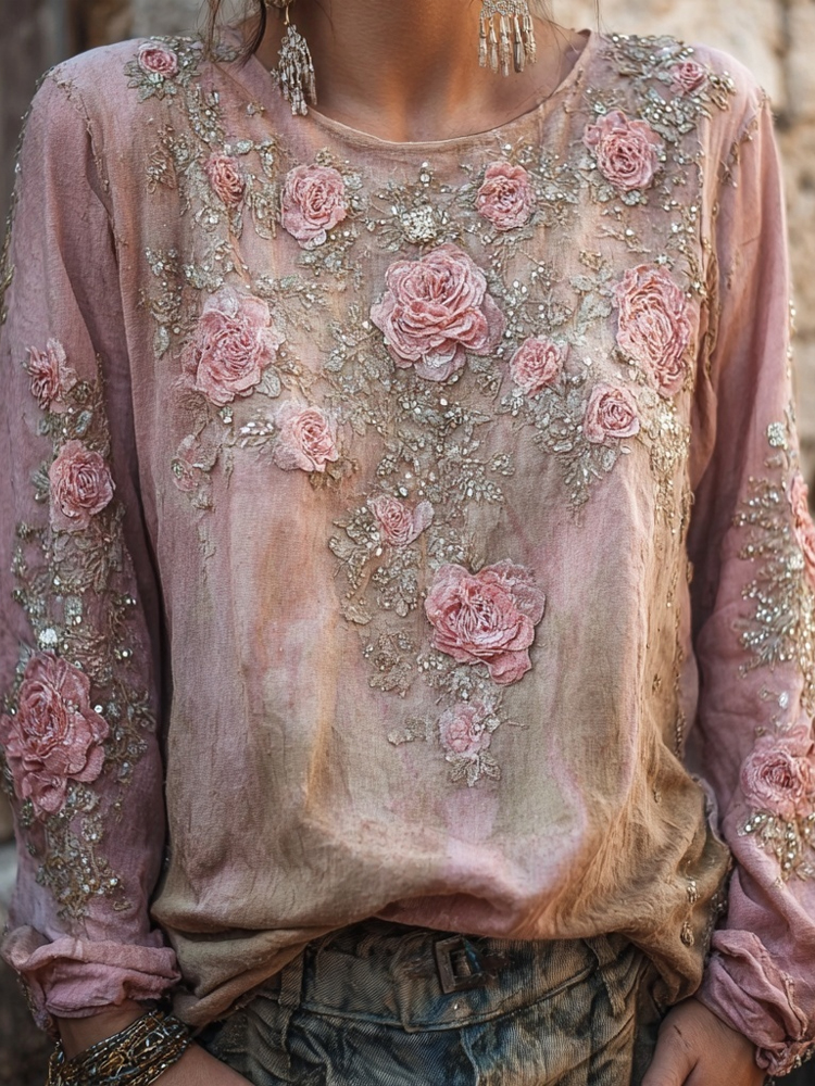 Vintage Boho Pink Roses Embroidered Comfy Linen Tunic