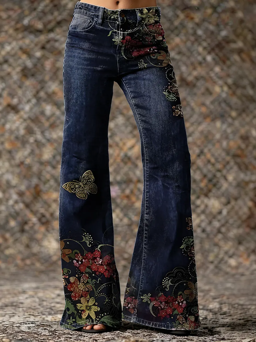 Retro Floral & Butterfly Art Print Casual Washed Cotton Pants