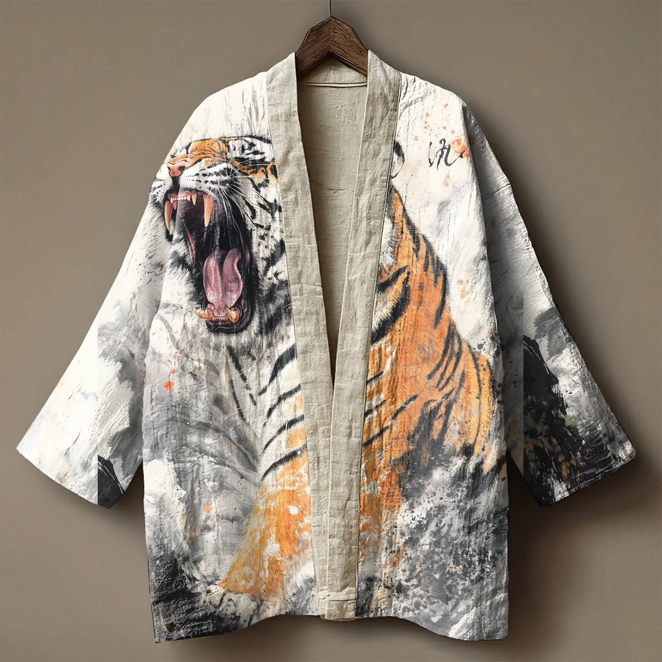Japanese tiger embroidered printed linen kimono cardigan