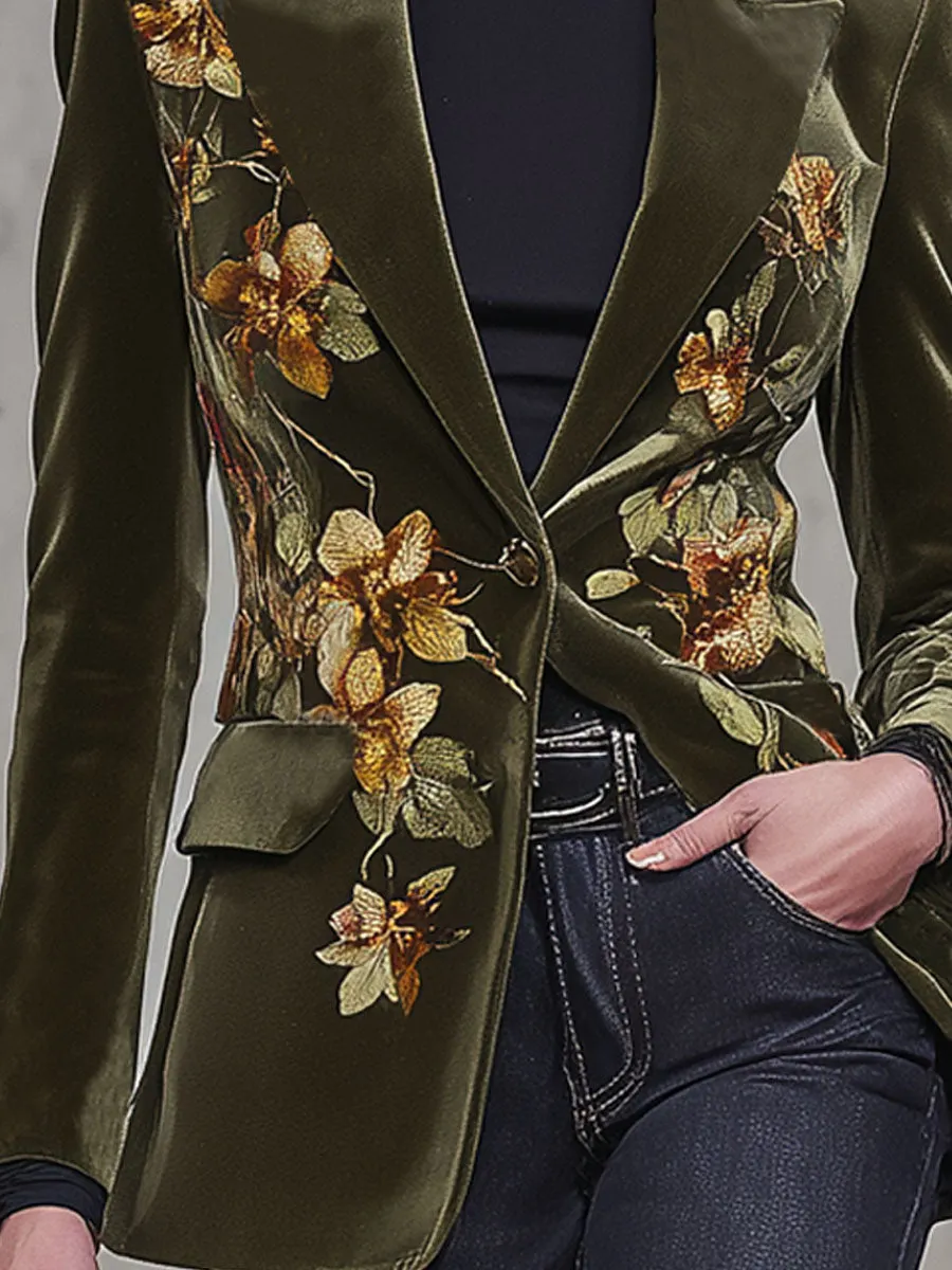 Retro-style Floral Print Velvet Blazer