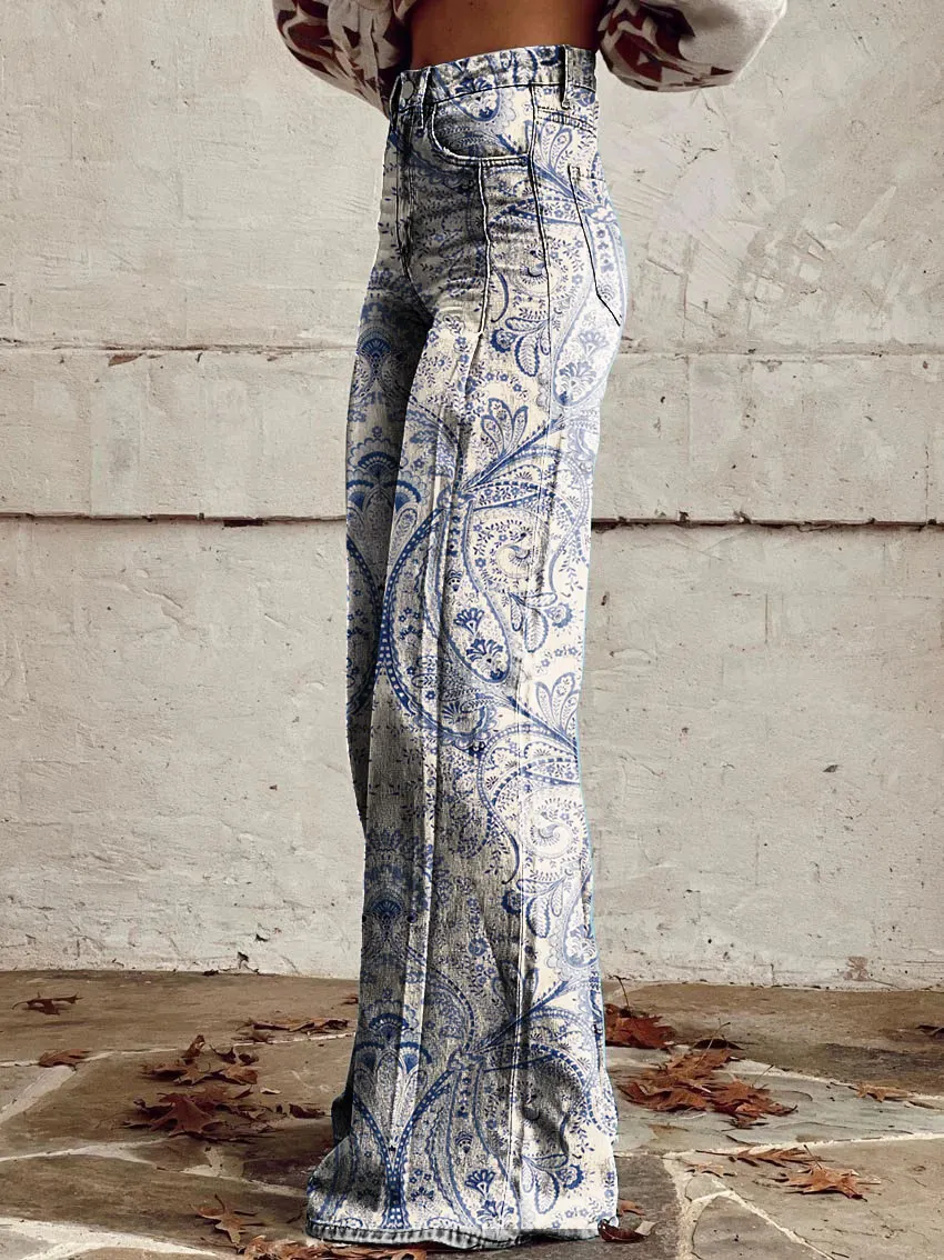 Vintage Paisley Print Casual Wide-Leg Pants