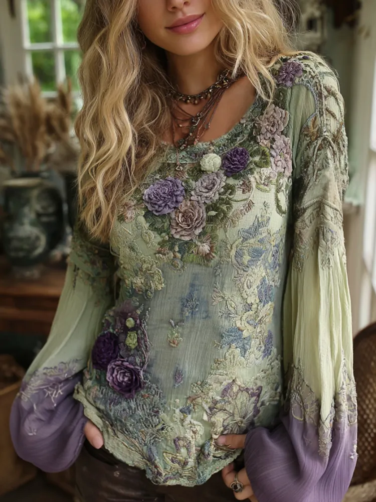 Vintage Classic Purple Lavender And Floral Embroidered Long Sleeve Shirt