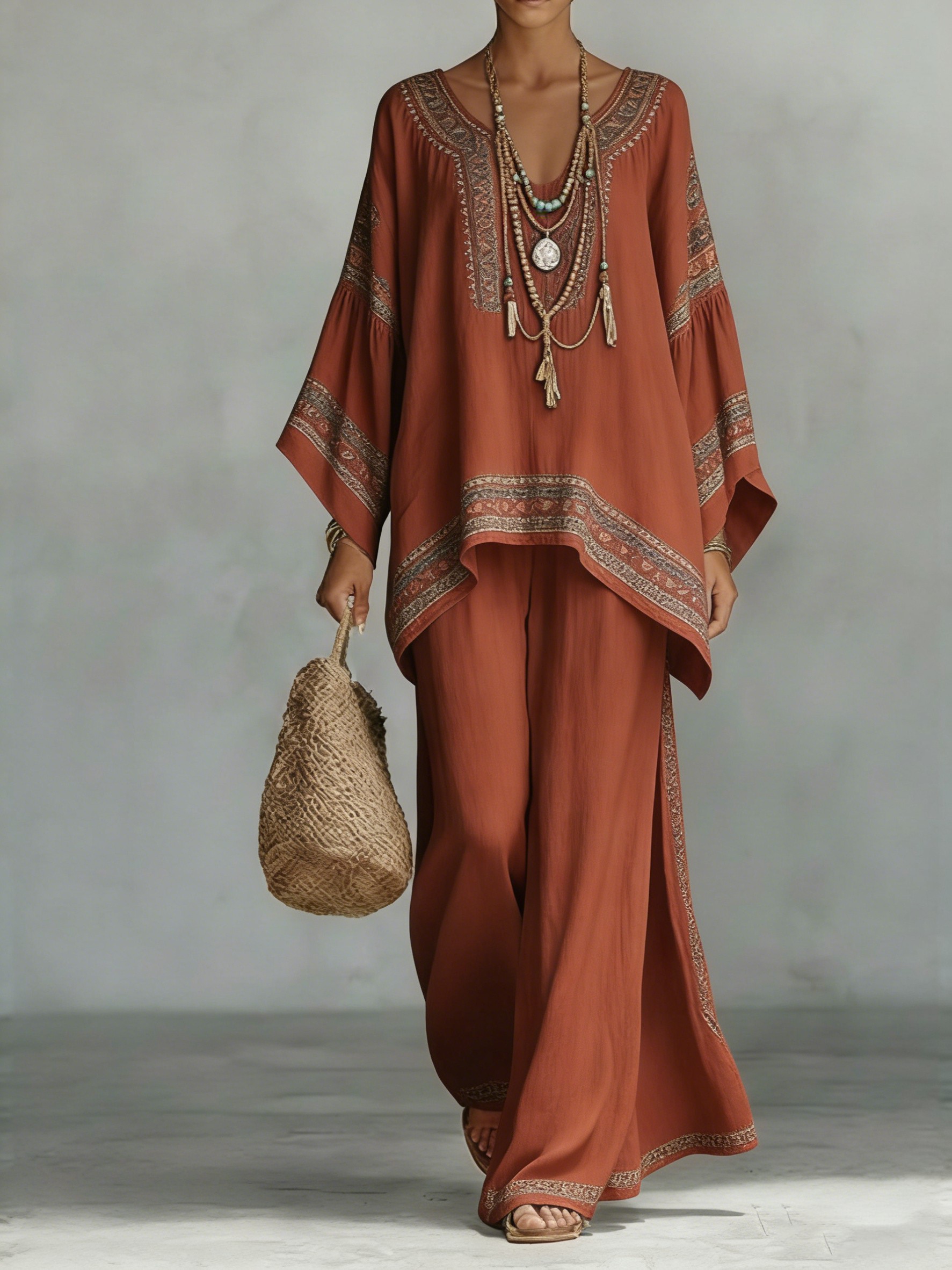 Comfortable & loose print pattern cotton & linen wide-leg pants two-piece set