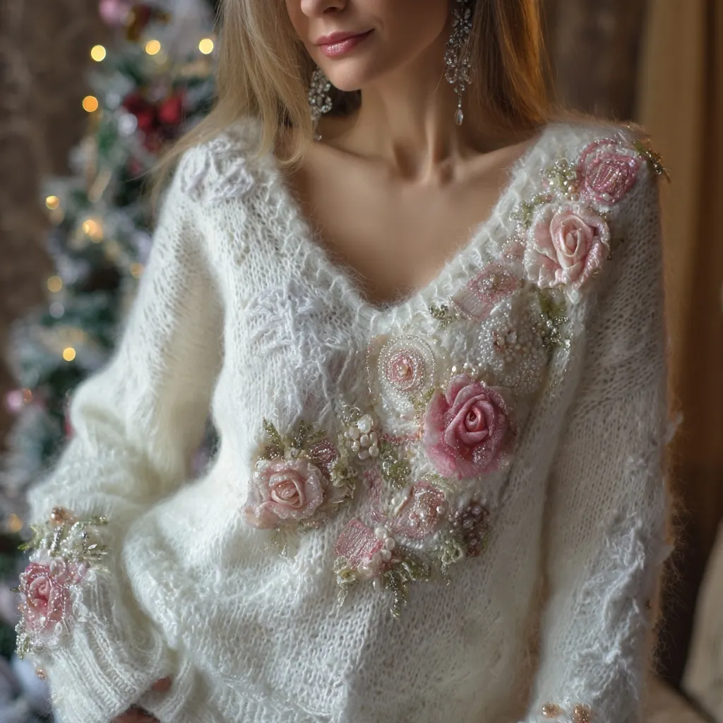 Elegant Pink Roses Beads Embroidered Cozy Knit Sweater