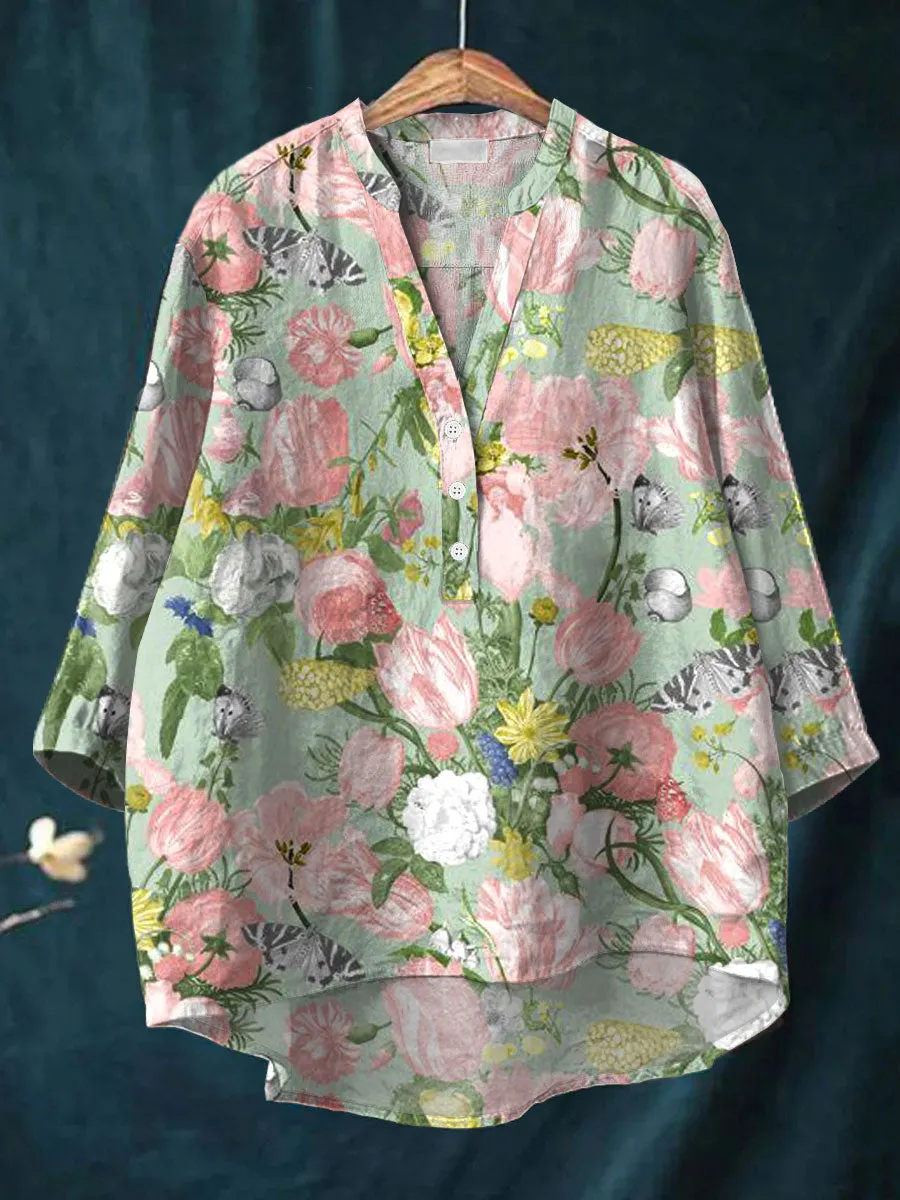Vintage Flower Art Print Casual Cotton & Linen Shirt