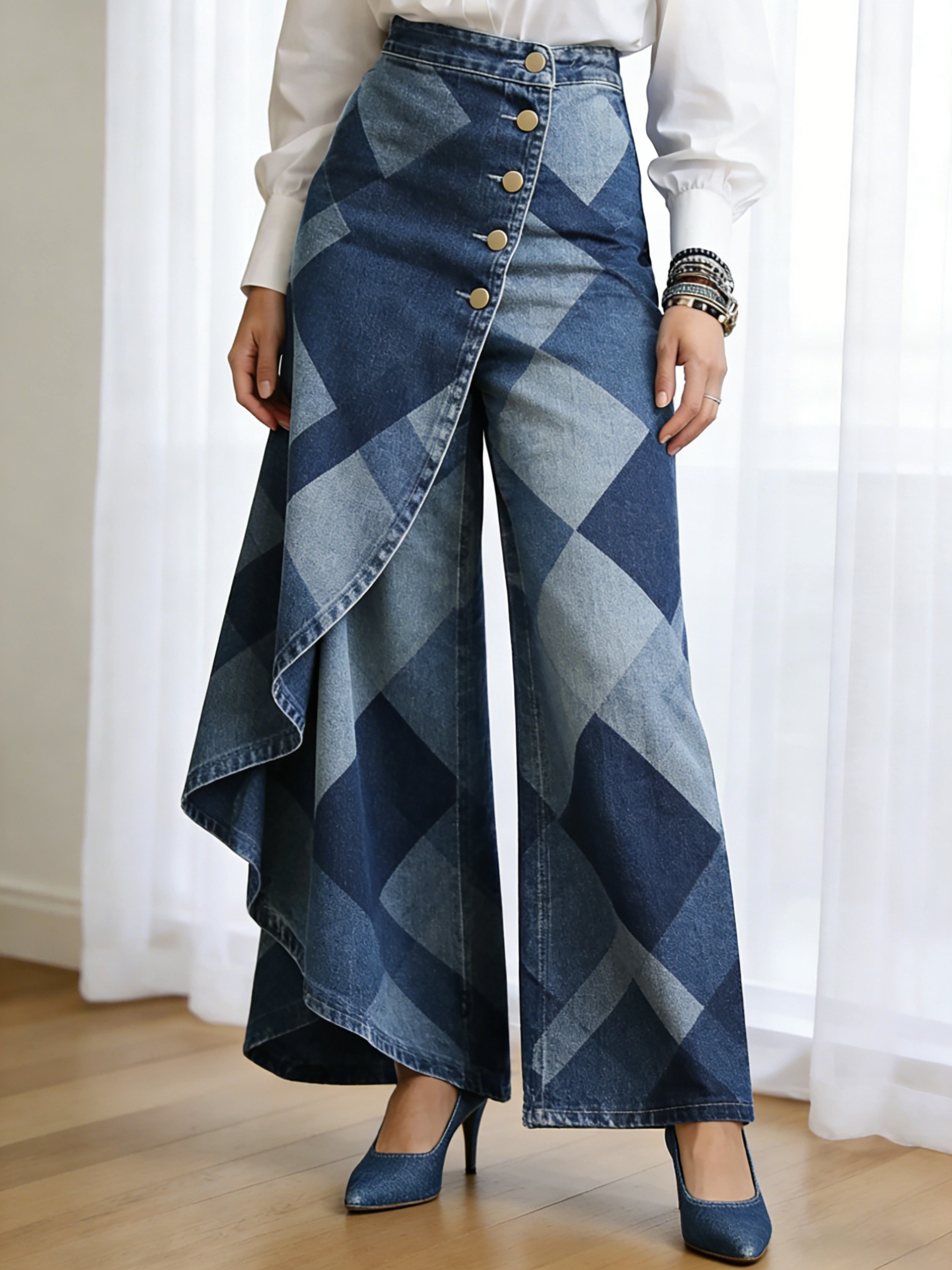 Art Print Casual Washed Denim Cotton Pants
