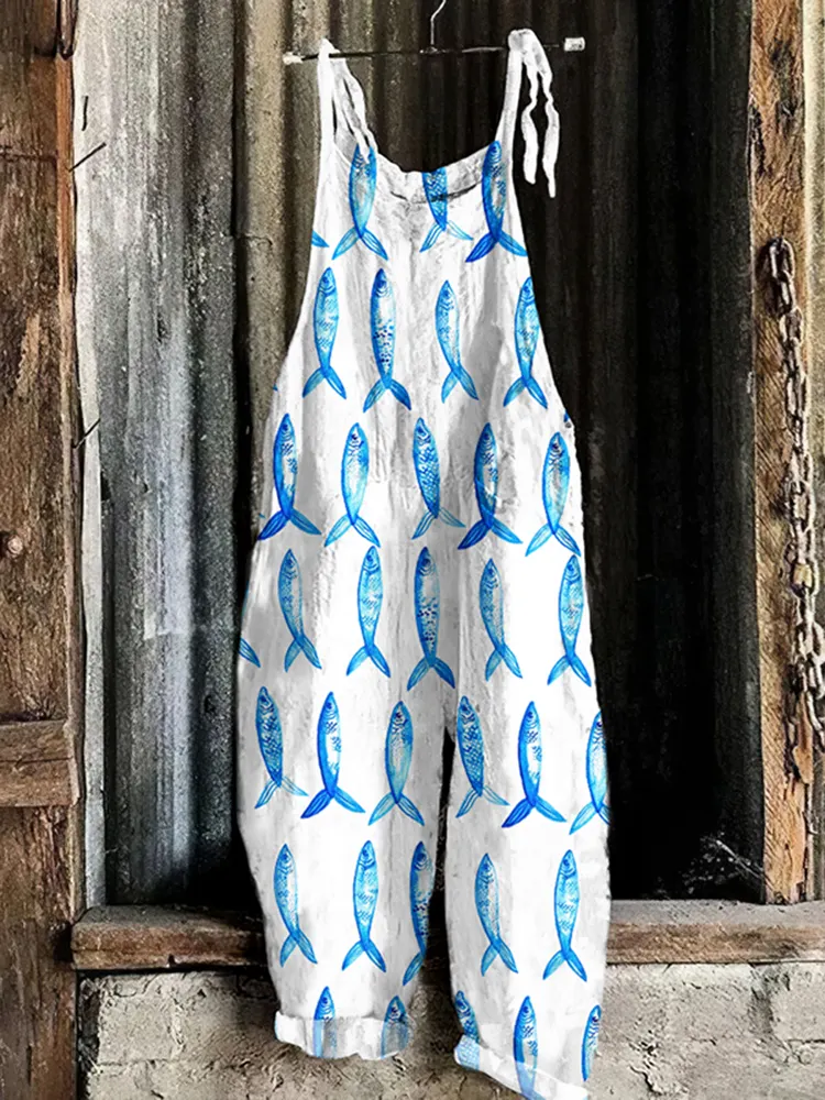 Retro Sardinas Ocean Fish Art Print Linen Loose Casual Jumpsuit