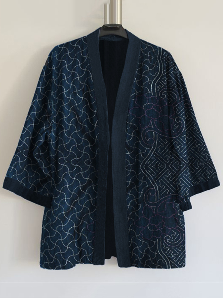 Japanese Traditional Sashiko Art Print Blend Kimono Cardigan