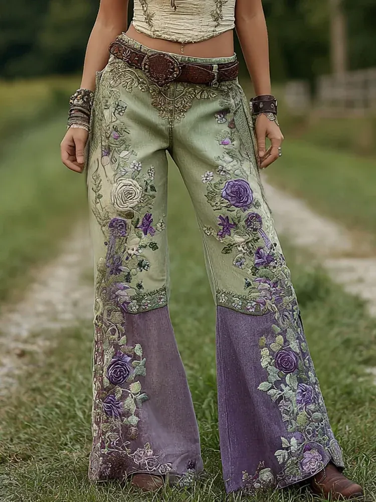 Retro Bohemian Floral Color Block Art Print Casual Pants